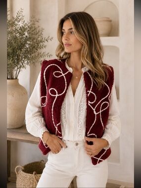 MADE IN ITALY Burgundy and White Patterned Vest